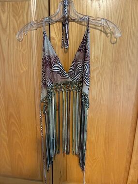 Poetry Animal Print Fringe Crop Top in Brown and Cream